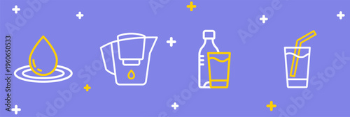 Set line Glass with water, Bottle of glass, Water jug filter and drop icon. Vector