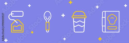 Set line Cookbook, Coffee cup to go, Spoon and Tea bag icon. Vector