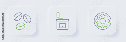 Set line Donut, Manual coffee grinder and Coffee beans icon. Vector