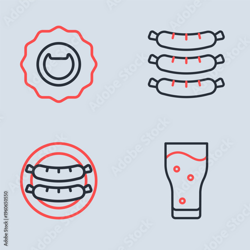 Set line Sausage, Glass of beer and Bottle opener icon. Vector