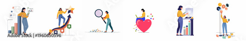 Set of flat illustrations showing professional women analyzing data, managing social media, tracking growth, and using advanced technology for business success.