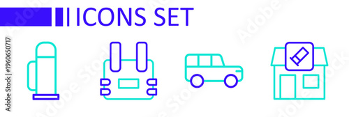 Set line Hunting shop, Safari car, Bulletproof vest and Thermos container icon. Vector