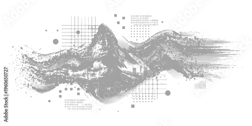 A stylized mountain landscape integrated with digital binary code and abstract geometric patterns