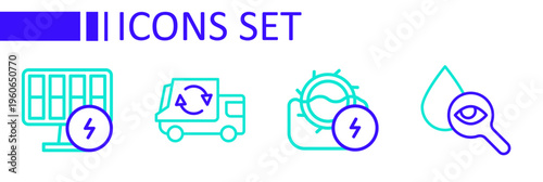 Set line Drop and magnifying glass, Water mill, Garbage truck and Solar energy panel icon. Vector