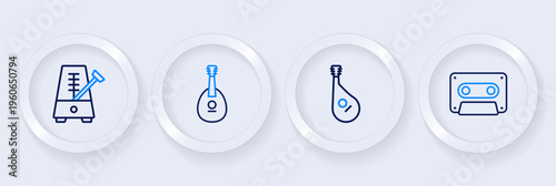 Set line Retro audio cassette tape, Bandura, Mandolin and Metronome with pendulum icon. Vector