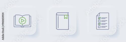 Set line Online quiz, test, survey, Book and Audio book icon. Vector
