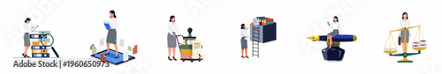 Set of flat vector illustrations of a legal professional or office assistant managing documents, digital files, and legal tools in a modern workplace.