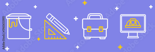 Set line Worker safety helmet, Toolbox, Triangular ruler and pencil and Paint bucket icon. Vector