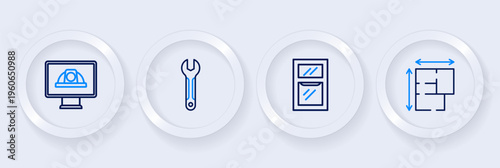 Set line House plan, Hammer and wrench spanner, Wrench and Worker safety helmet icon. Vector