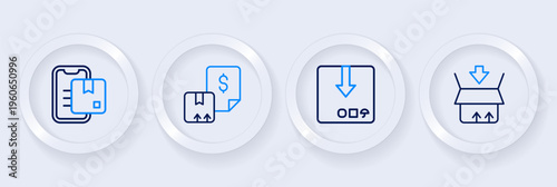 Set line Carton cardboard box, Waybill and Document tracking marker icon. Vector