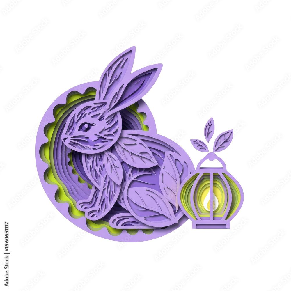 Fototapeta premium Layered paper rabbit with glowing lantern