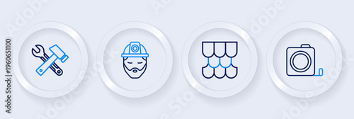Set line Roulette construction, Roof tile, Builder and Window in room icon. Vector