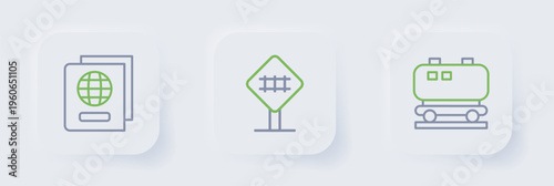 Set line Oil railway cistern, Railroad crossing and Passport icon. Vector