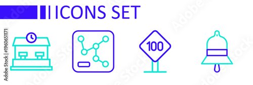 Set line Train station bell, Speed limit traffic sign 100 km, Railway map and icon. Vector