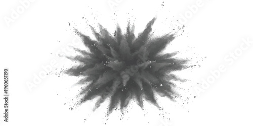 A dynamic burst of dark grey powder creating an explosive star shape against a plain white background