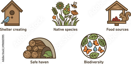 A collection of five circular icons depicts different actions and elements required for enhancing biodiversity in a natural area.