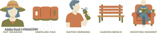 A horizontal row of five simple icons represents various outdoor comfort items and activities such as wearing a hat and sitting on a bench.
