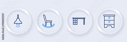 Set line Furniture nightstand, Office desk, Armchair and Lamp hanging icon. Vector