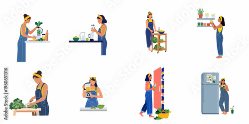 Illustration set of a woman preparing healthy green smoothies, chopping vegetables, and organizing her kitchen for a nutritious and wellness-focused vegan lifestyle.