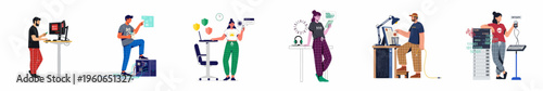 A set of six illustrations depicting diverse IT professionals, developers, and engineers working on software, hardware, and cybersecurity in casual home environments.