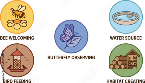 Various icons illustrate methods for supporting local wildlife populations including feeding, watering, and habitat construction.