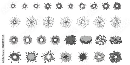 A collection of various monochrome explosion impact crack and debris vector graphic illustrations