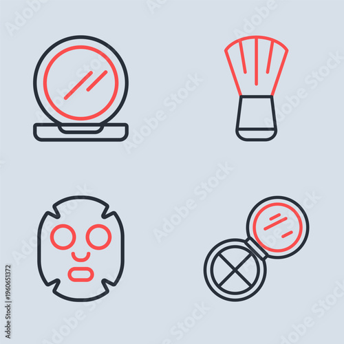 Set line Makeup brush, Facial cosmetic mask, powder with mirror and icon. Vector