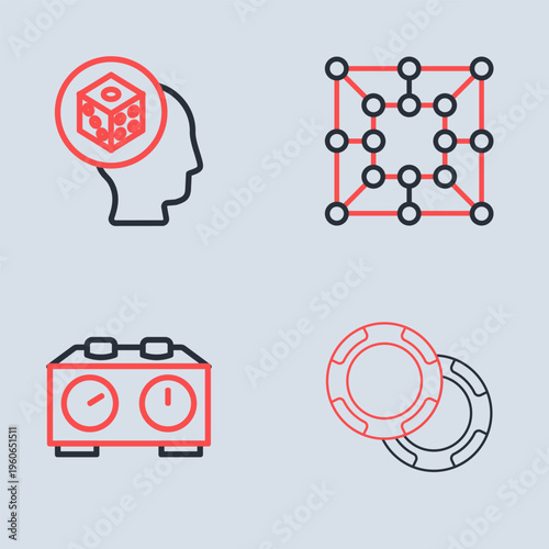 Set line Board game, Time chess clock, Casino chips and Game dice icon. Vector