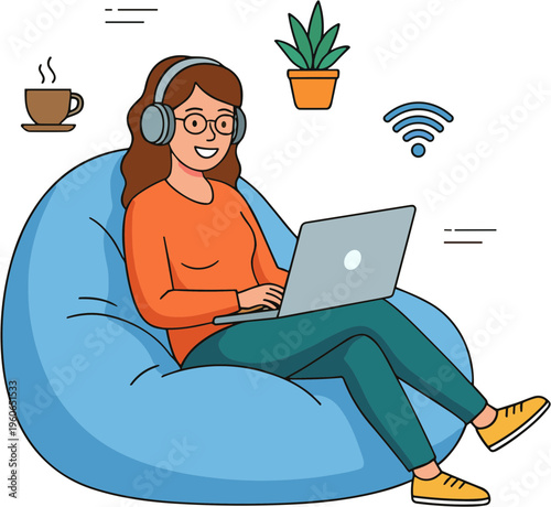 Woman wearing headphones sits on a bean bag chair with a laptop and coffee nearby indoors.