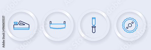 Set line Circular saw blade, Chisel tool, Two-handed and Wood plane icon. Vector