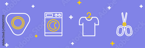 Set line Scissors, T-shirt on hanger, Washer and Sewing chalk icon. Vector