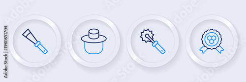 Set line Honey award, Cutter roll for honey, Beekeeper with protect hat and Beekeeping knife icon. Vector