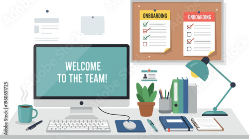 Welcome to the team! Modern office desk setup with computer, desk lamp, potted plant, and onboarding checklists