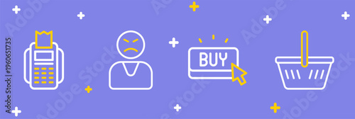 Set line Shopping basket, Buy button, Angry customer and POS terminal icon. Vector
