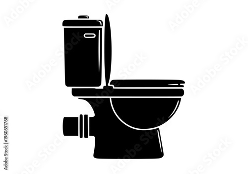 Black and white vector graphic illustration of a modern toilet fixture with the seat up, isolated on a transparent background.