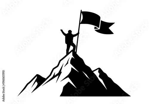 Vector graphic illustration of a determined mountain climber reaching the summit while planting a victory flag in challenging landscape silhouette.
