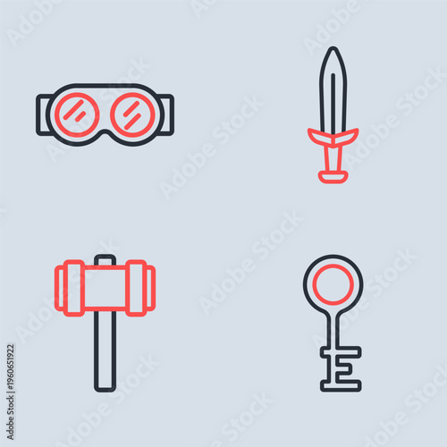 Set line Medieval sword, Sledgehammer, Old key and Welding glasses icon. Vector