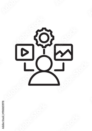 Person managing digital content icons, cogwheel, video play button, graph chart Free Download Person managing digital content icons, cogwheel, video play button, graph chart - GFXLoad