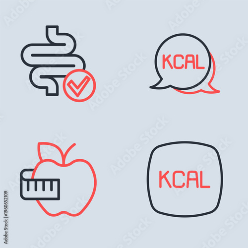 Set line Kcal, Apple and measuring tape, and Intestines icon. Vector