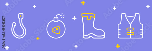 Set line Fishing jacket, boots, Bomb and hook icon. Vector