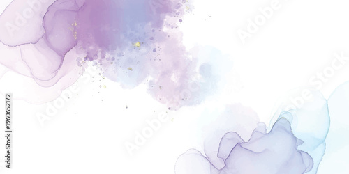 Abstract alcohol ink background with soft purple and blue splashes and delicate gold flecks