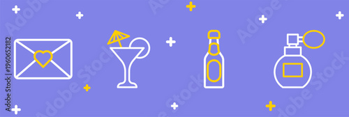 Set line Perfume, Champagne bottle, Martini glass and Envelope with 8 March icon. Vector
