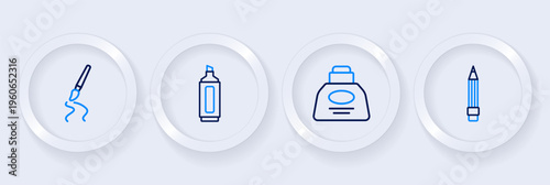 Set line Pencil with eraser, Inkwell, Marker pen and Paint brush icon. Vector