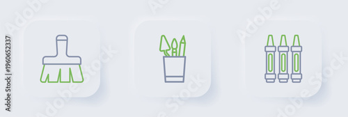 Set line Wax crayons for drawing, Pencil case stationery and Paint brush icon. Vector