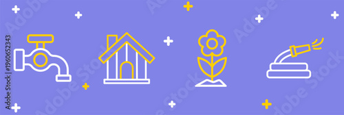 Set line Garden hose, Flower, Farm house and Water tap icon. Vector