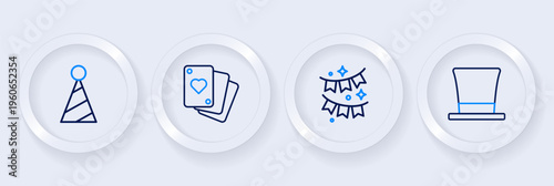 Set line Cylinder hat, Carnival garland with flags, Playing cards and Party icon. Vector