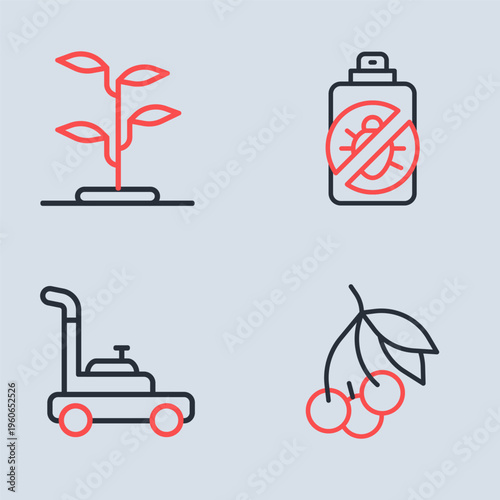 Set line Spray against insects, Lawn mower, Fresh berries and Sprout icon. Vector