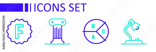 Set line Table lamp, Pie chart infographic, Law pillar and Exam paper with incorrect answers icon. Vector