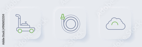 Set line Cloudy weather, Garden hose and Lawn mower icon. Vector