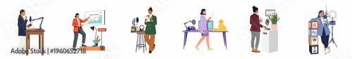 Collection of modern flat illustrations depicting professional women in finance, podcasting, and content creation roles, focusing on growth and entrepreneurship.